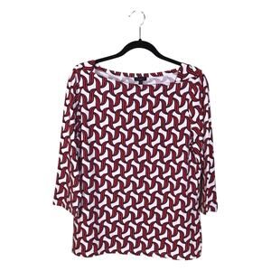 Talbots Boatneck knit top red and white wavy geometric print Sz. 12 Nautical